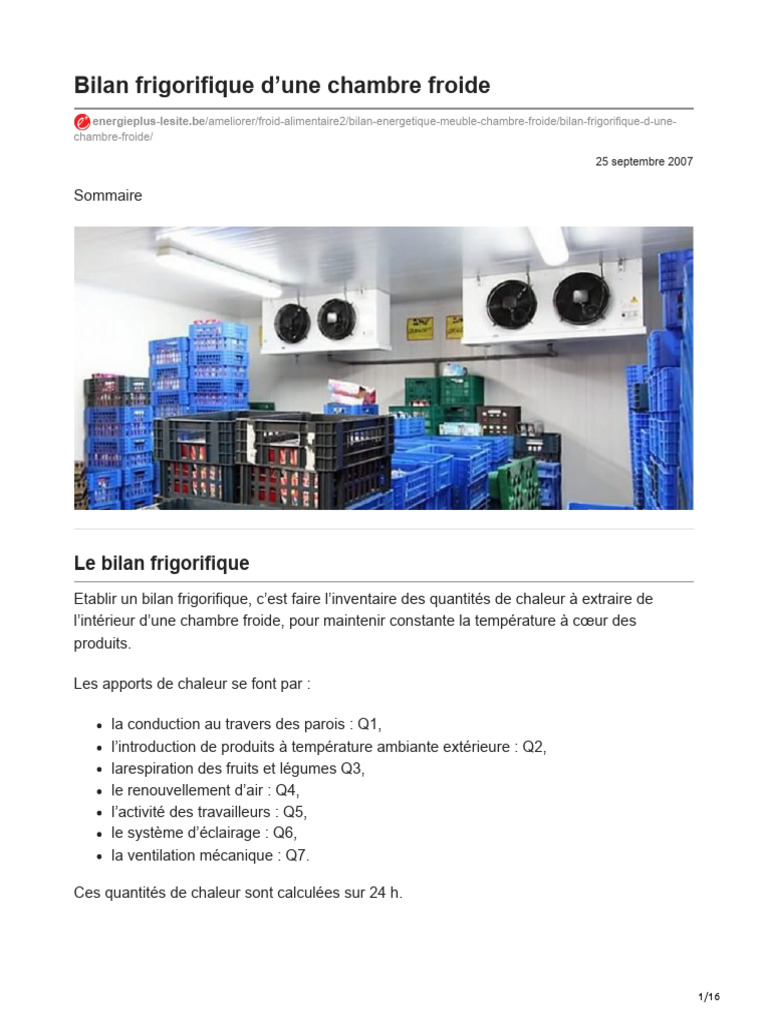 Bilan Frigorifique d'une Chambre Froide PDF Transfert thermique — free download