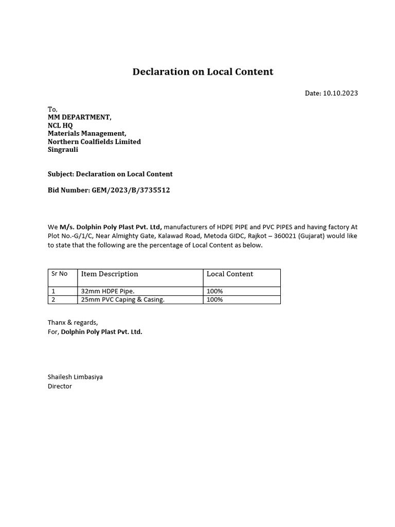 Declaration On Local Content | PDF