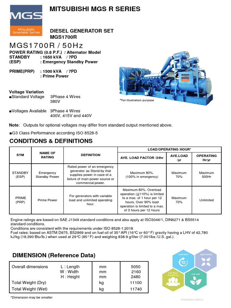 Mitsubishi MGS1700R Generator Specs | PDF | Electric Generator | Diesel ...