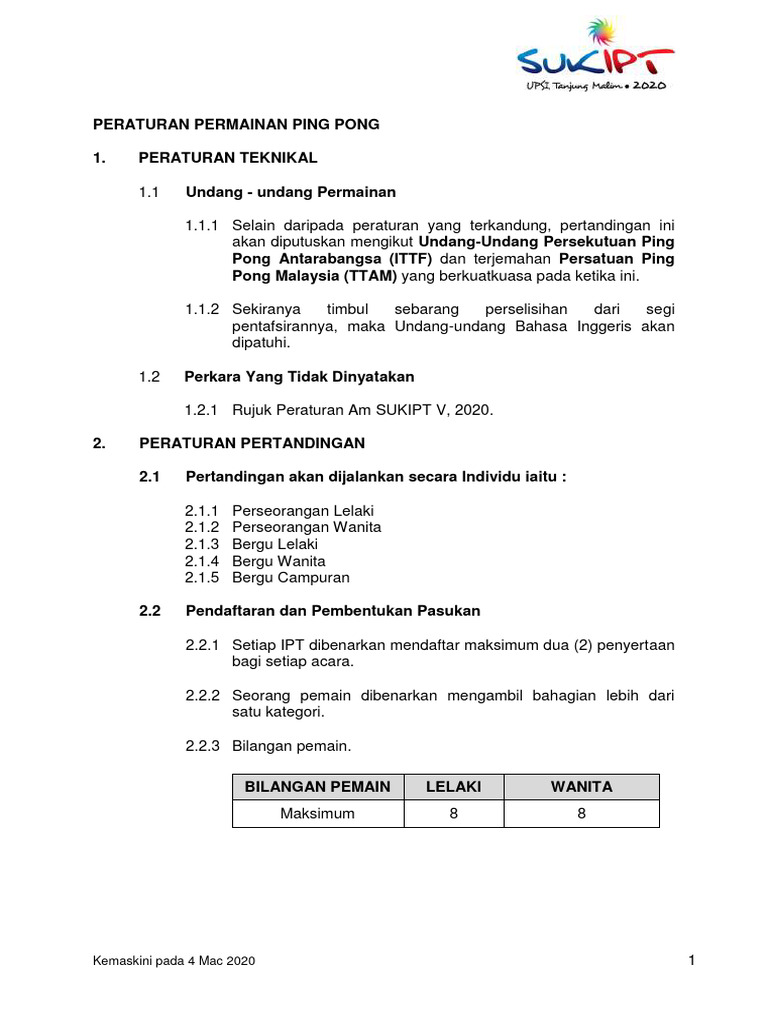 Peraturan Permainan Ping Pong | PDF