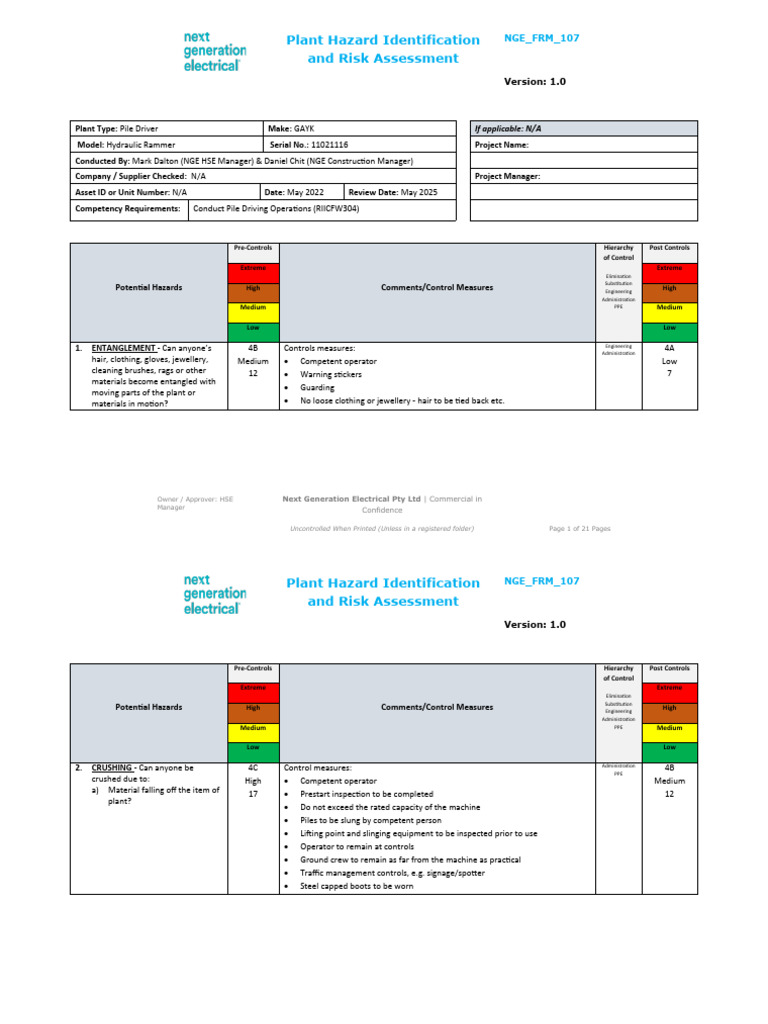 Pile Driver Hazard Assessment Guide | PDF | Personal Protective ...