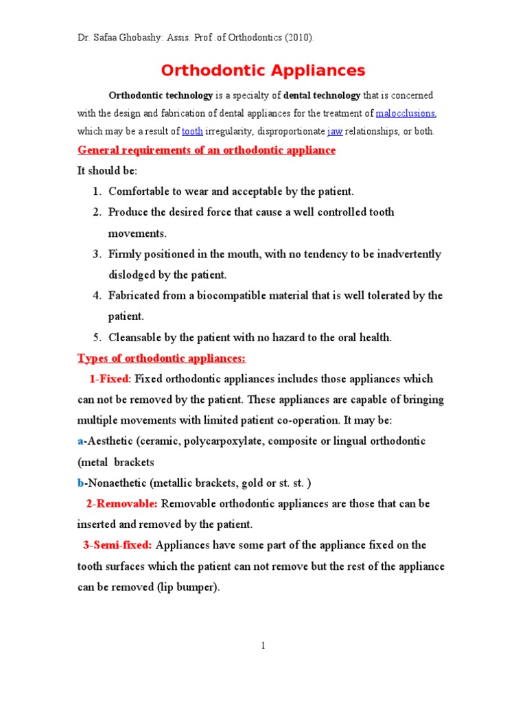 Orthodontic Appliances General Requirements of An Orthodontic