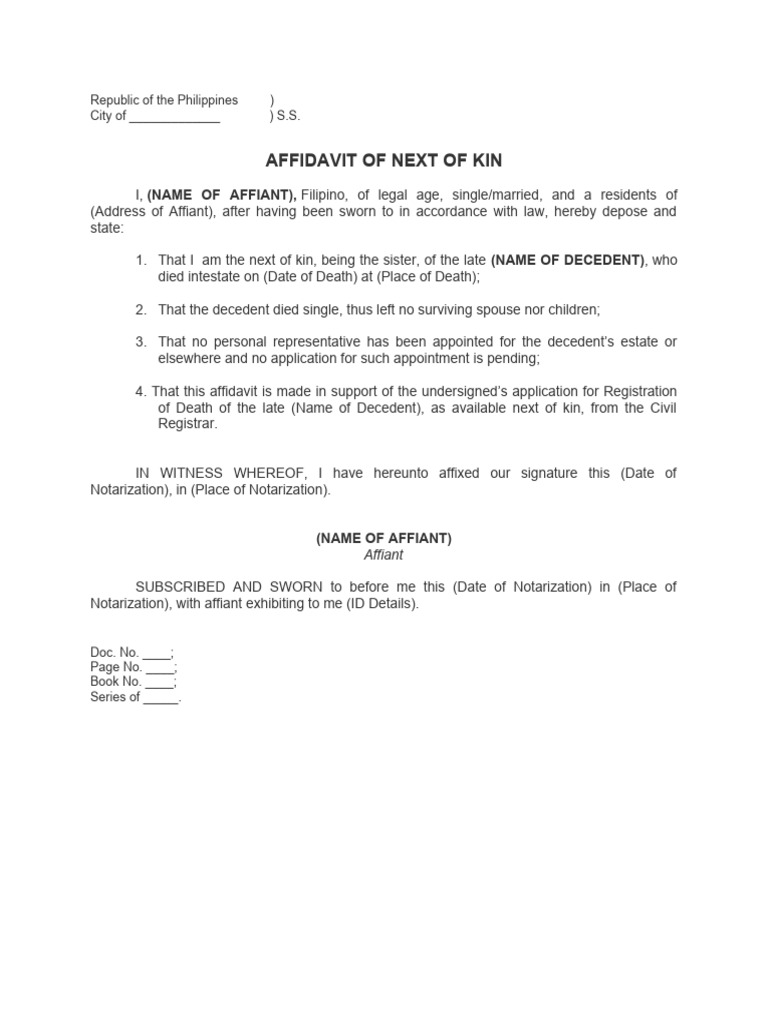 Affidavit of next of kin republic of the philippines city of s s
