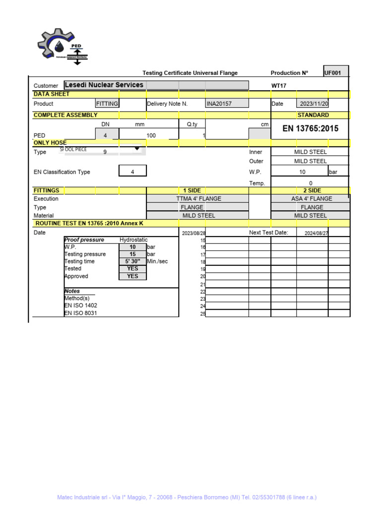 Pressure Test Certificate for Flange | PDF | Mechanical Engineering ...