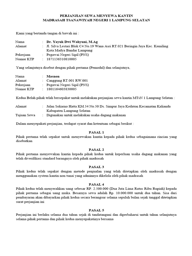 Perjanjian Sewa Menyewa Kantin PDF