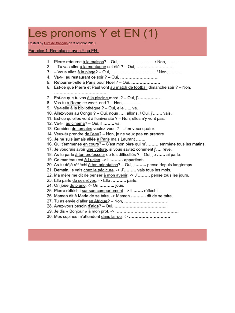 Exercices sur les pronoms Y et EN | PDF