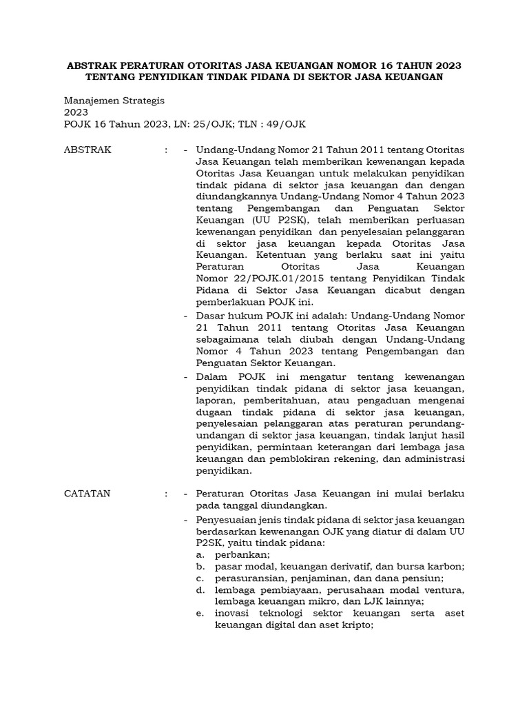 Abstrak Pojk 16 Tahun 2023 - Ojk Terbitkan Aturan Baru Mengenai