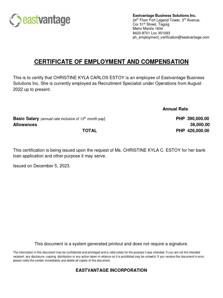 Employment Certificate for Christine Estoy | PDF