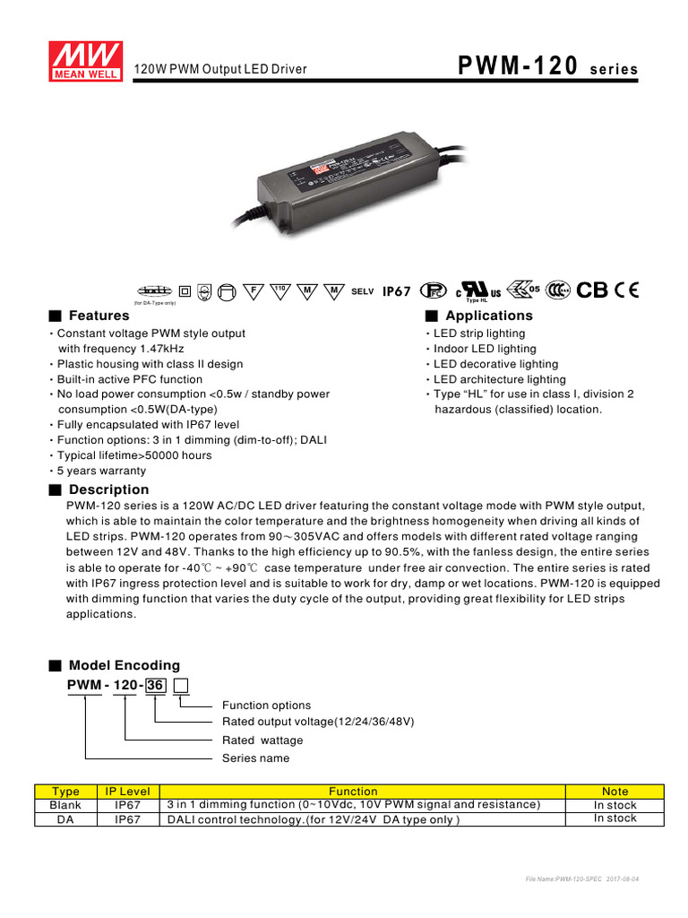 PWM-120 Series LED Driver Specs | PDF | Light Emitting Diode | Power Supply