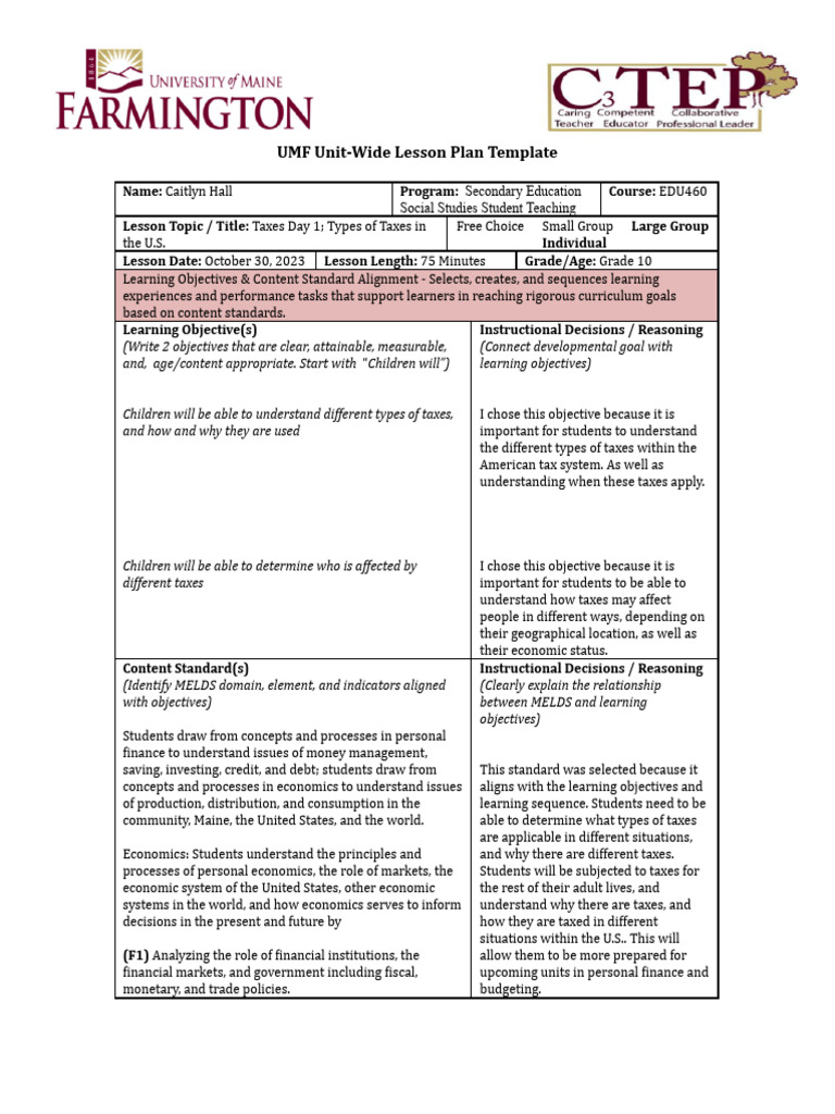 Lesson Plan 10 30 PDF Taxes Lesson Plan