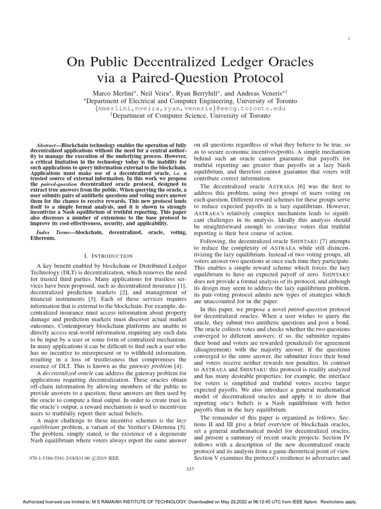 On Public Decentralized Ledger Oracles Via A Paired-Question Protocol ...