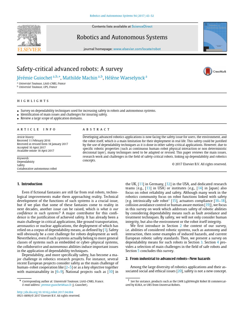 Safety in Advanced Robotics: A Survey | PDF | Formal Verification ...