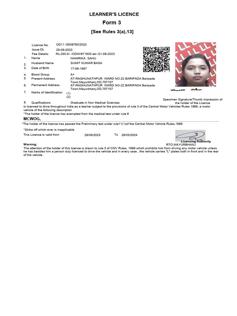 Form 3: Learner'S Licence | PDF