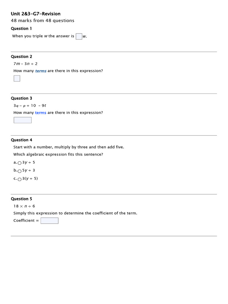 Class 7 Algebraic Expressions Revision | PDF | Numbers | Area