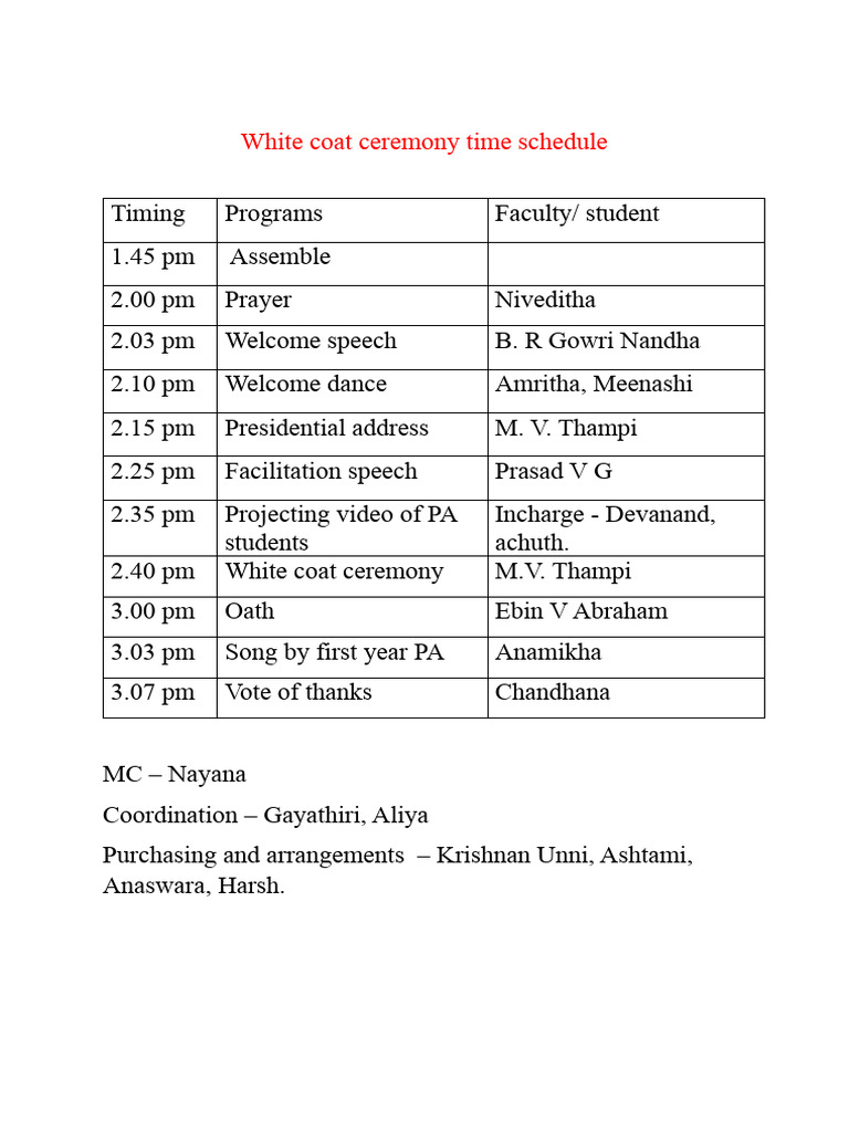 White Coat Ceremony Time Schedule PDF