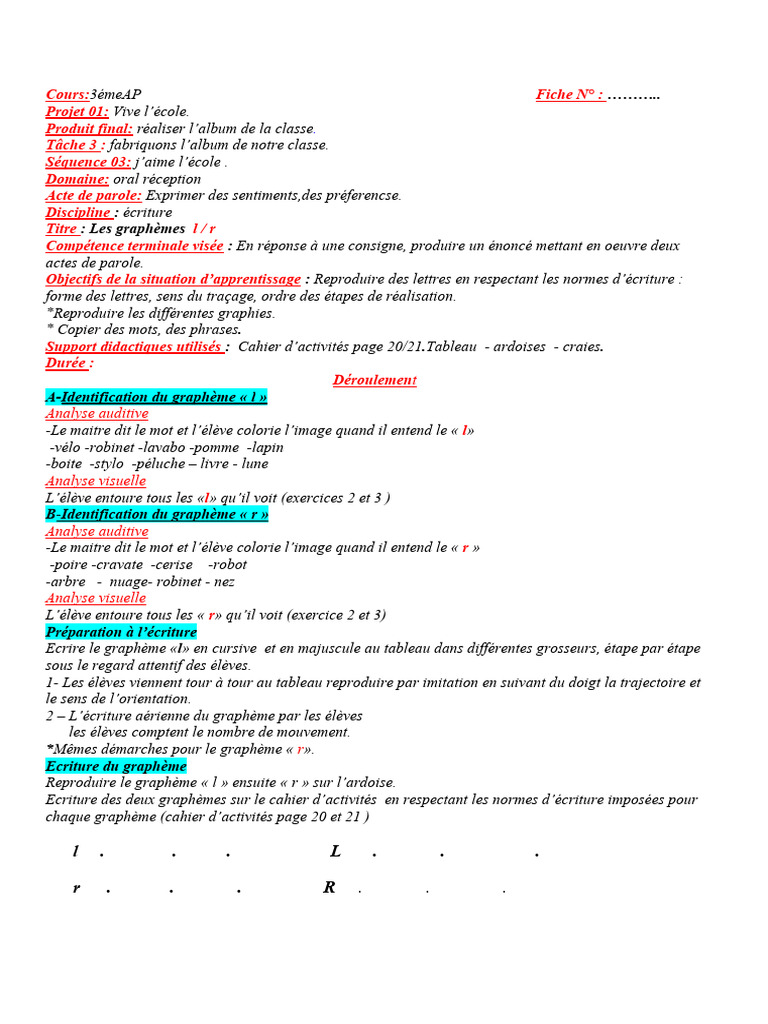 Apprentissage des graphèmes l et r PDF Arts du langage et — free download