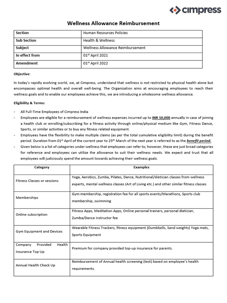 Wellness Allowance Reimbursement PDF Physical Fitness Health Care