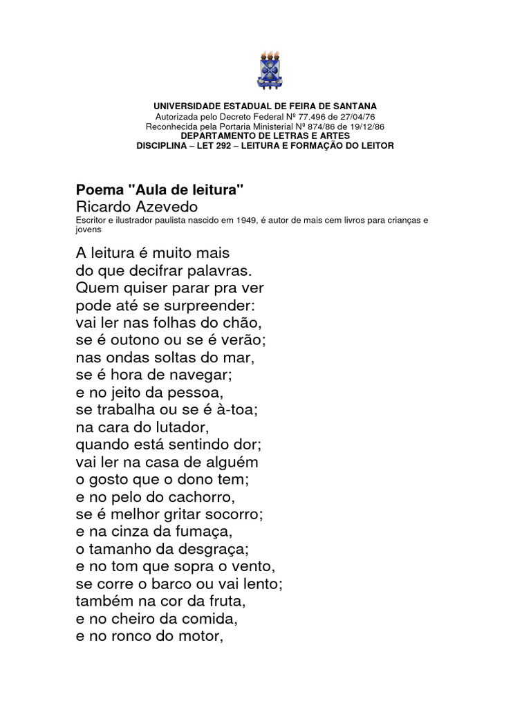 Poema "Aula de Leitura" de Ricardo Azevedo | PDF