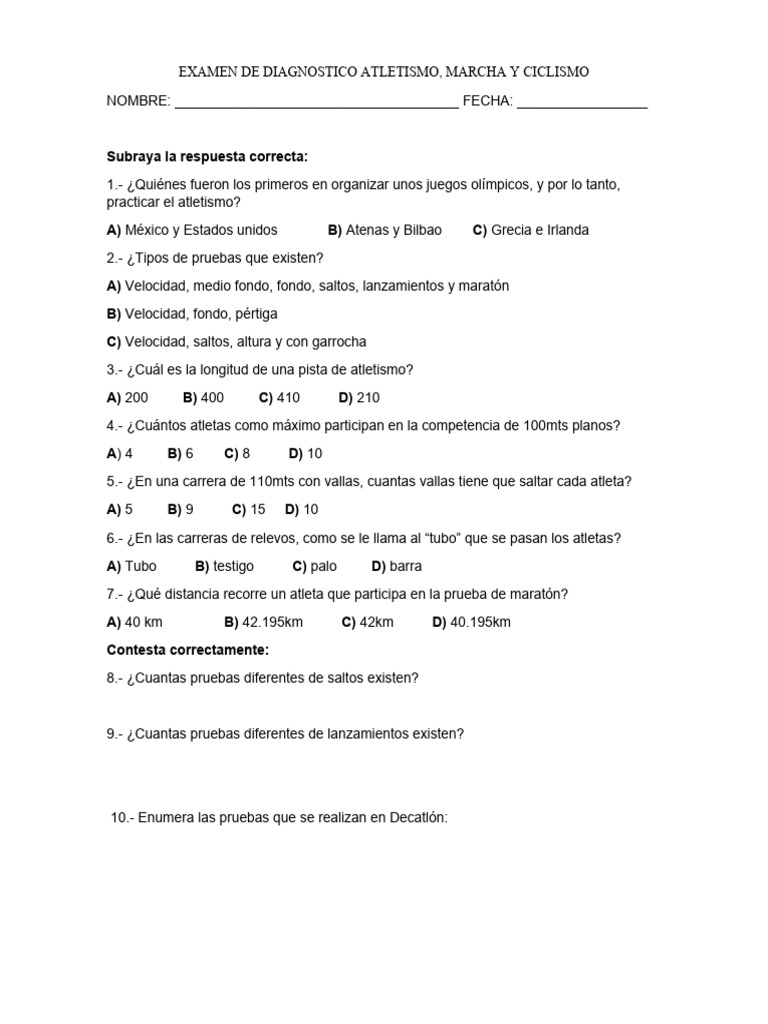 Examen de Diagnóstico de Atletismo | PDF | Deporte del atletismo | Deportes