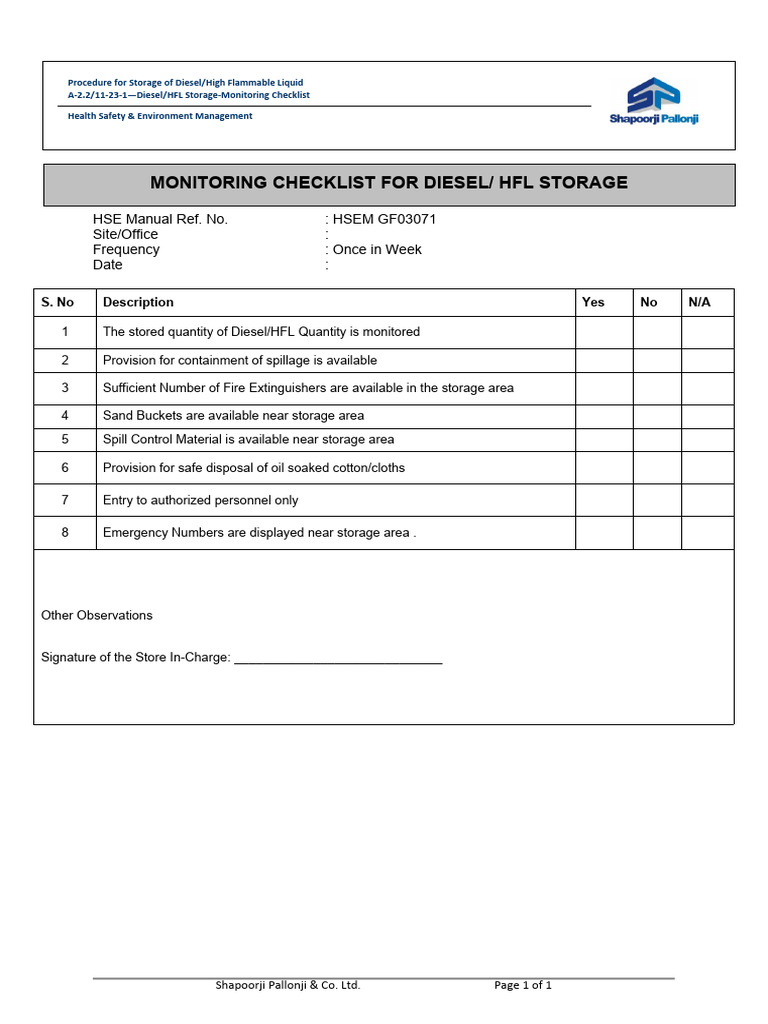 Diesel Storage Tank Inspection Checklist | PDF