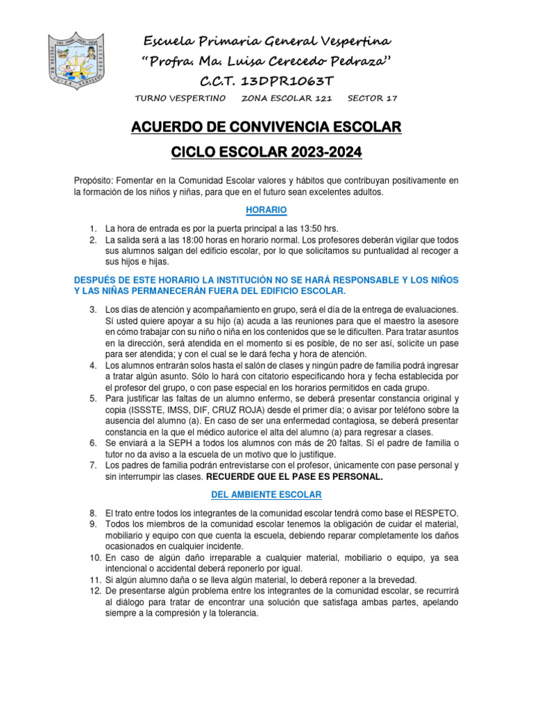 Acuerdo de Convivencia Escolar 2023-2024 | PDF | Educación primaria