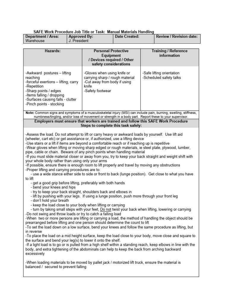 Safe Manual Materials Handling Guide | PDF