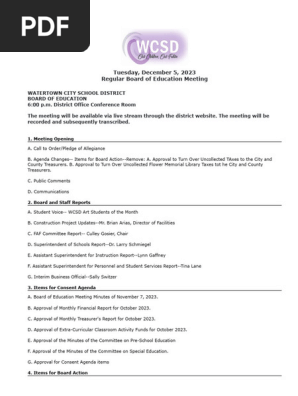 Watertown City School District Board of Education Dec. 5, 2023