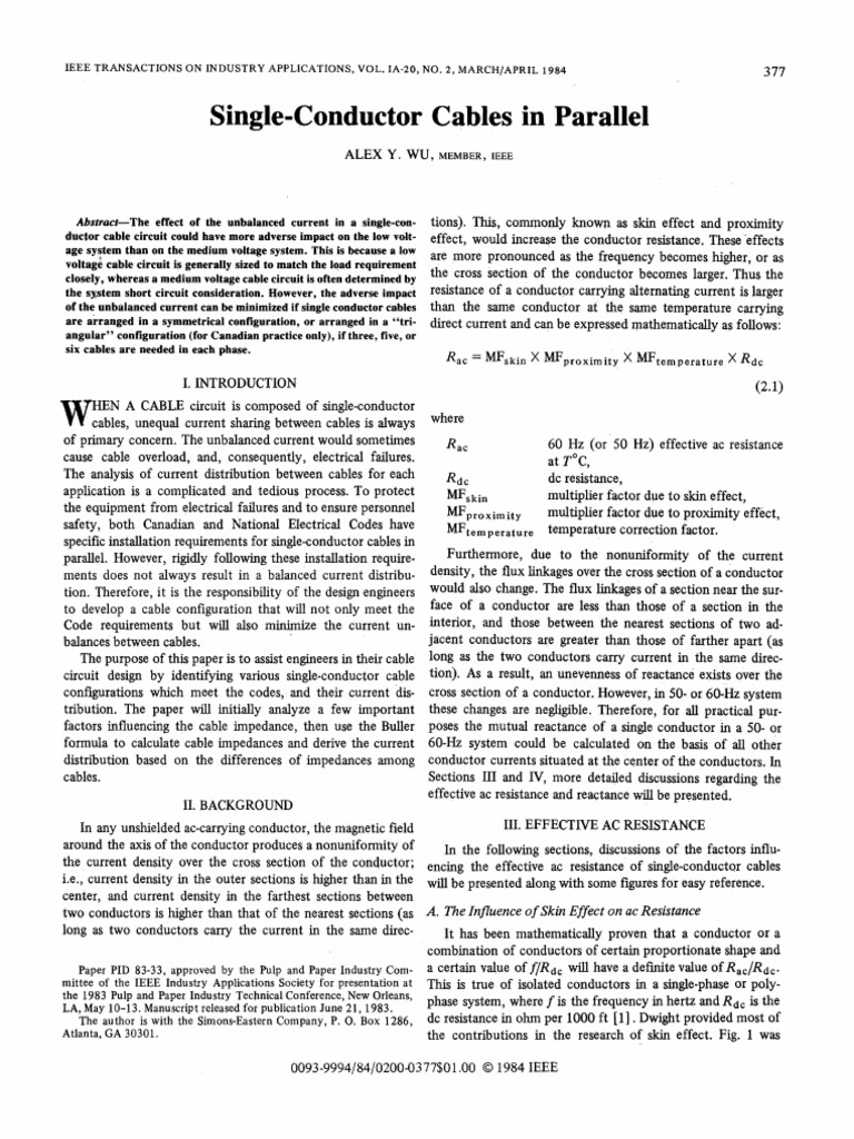 SingleConductor Cables in Parallel Wu, Alex Y. PDF Electrical