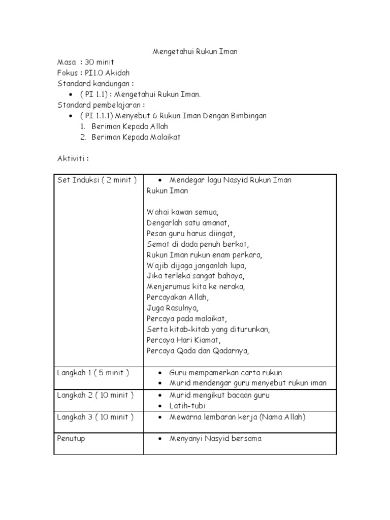 Aktiviti Mengenal Rukun Iman Prasekolah | PDF