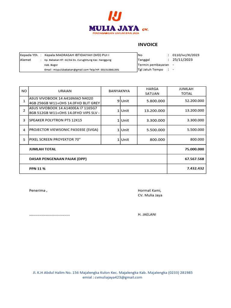 Invoice Pembelian Laptop dan Proyektor | PDF