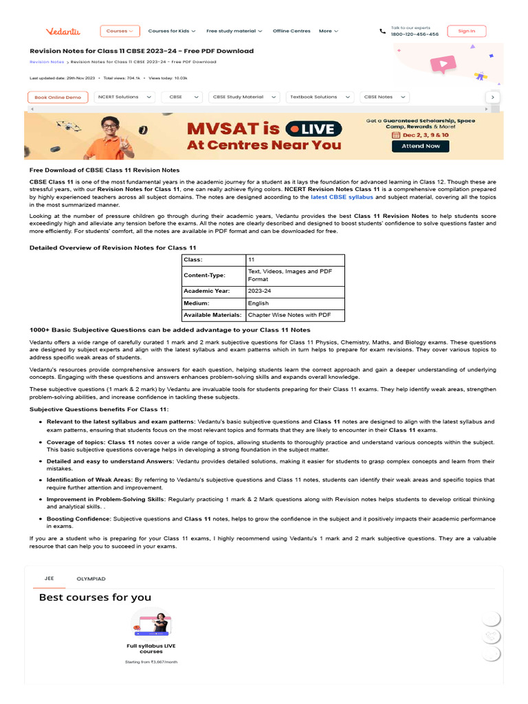 Free CBSE Class 11 Revision Notes PDF | PDF | Curriculum | Understanding