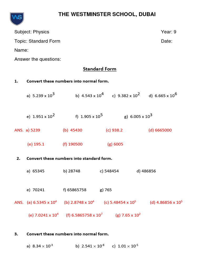 Year 9 Physics Standard-Form Worksheet - ANSWERS | PDF | Teaching ...