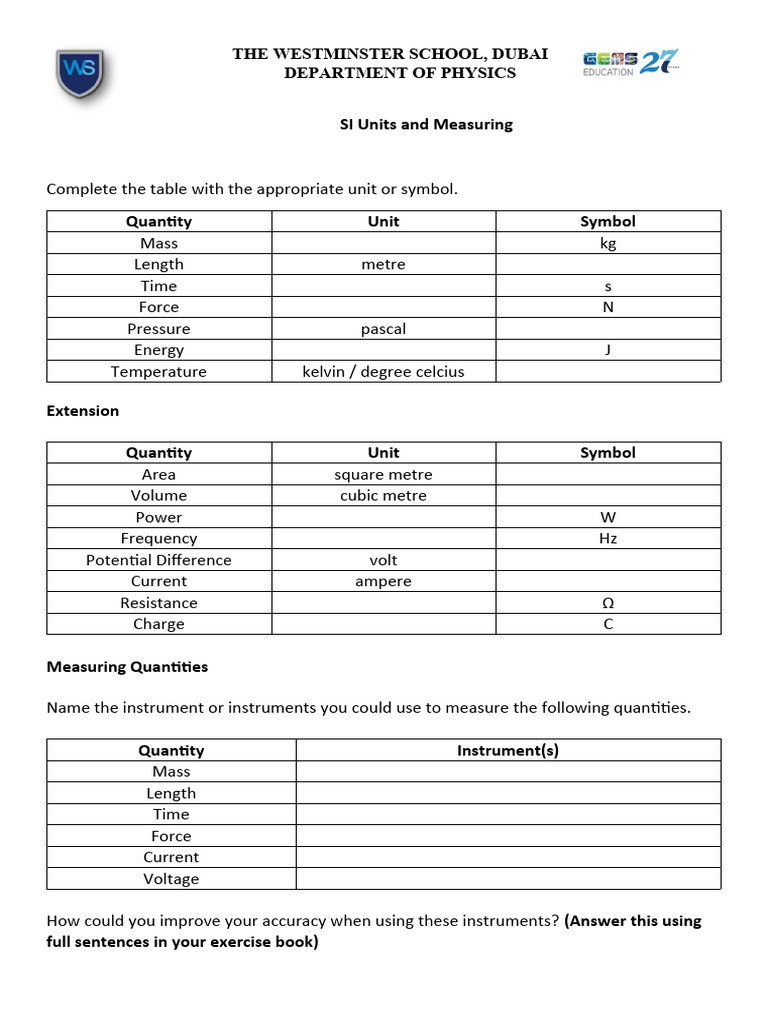 SI Units and Measurement Worksheet | PDF | International System Of ...