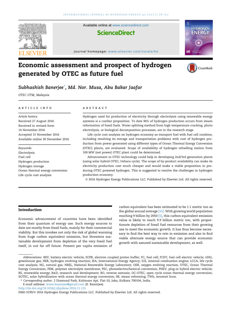Economic Viability of OTEC Hydrogen Fuel | PDF | Hydrogen | Fuel Cell