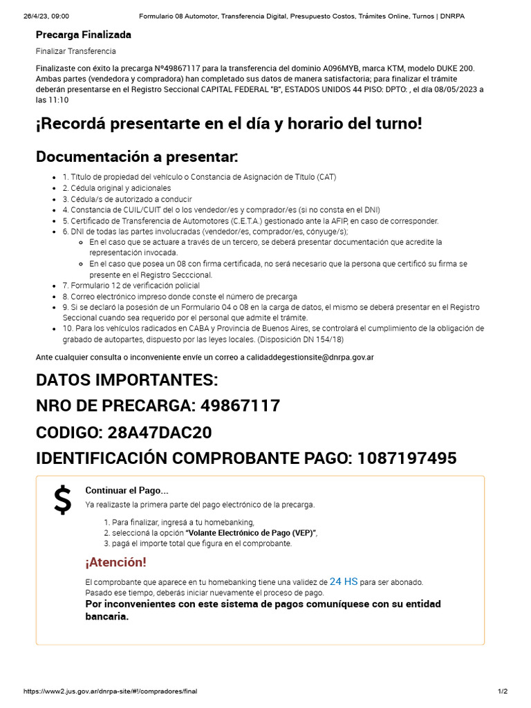 Formulario 08 Automotor, Transferencia Digital, Presupuesto Costos ...