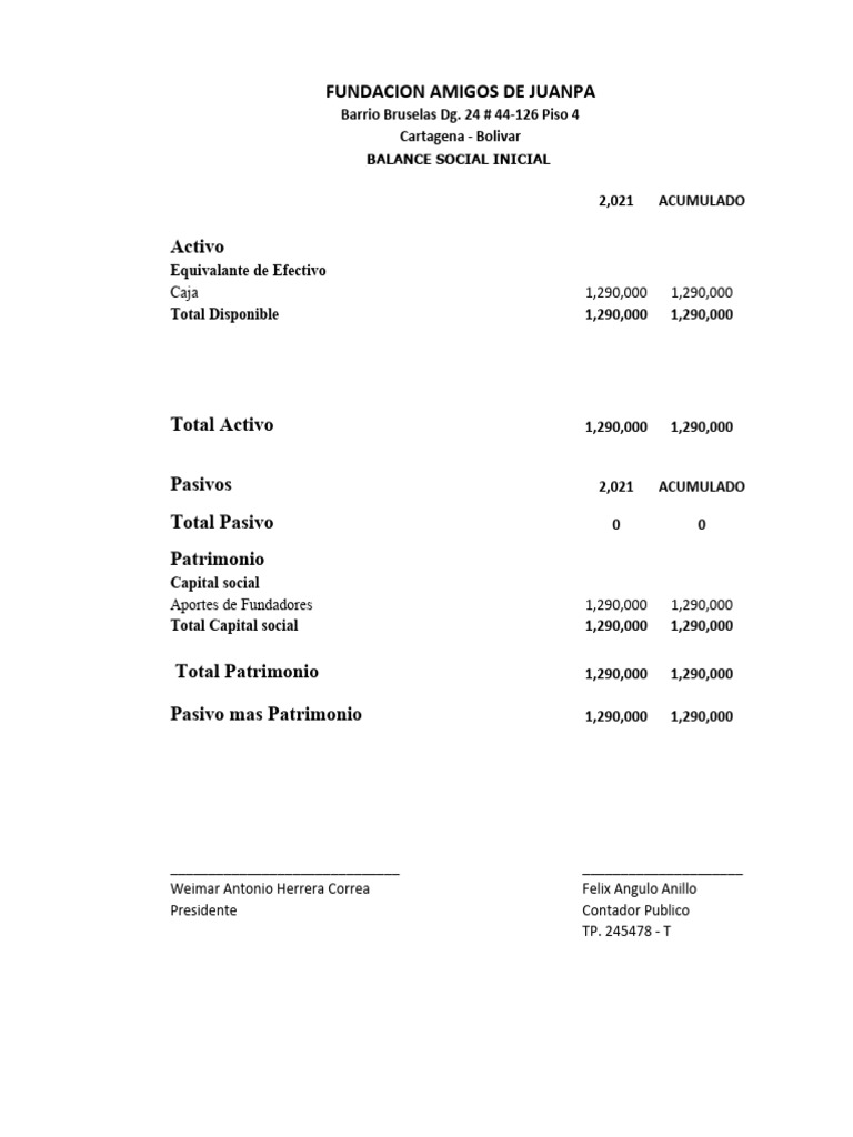 Balance Inicial Fundación Amigos de Juanpa | PDF | Servicios ...