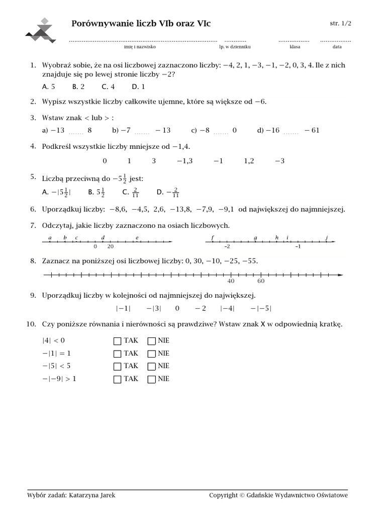 Por wnywanie Liczb Klasa 6 PDF