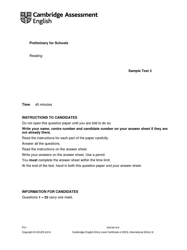Preliminary For Schools Reading Sample Test 2 Question Paper | PDF ...
