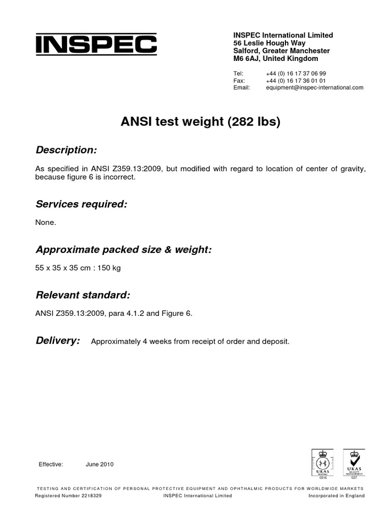 ANSI Test Weight (282 LBS) For  PDF Mass