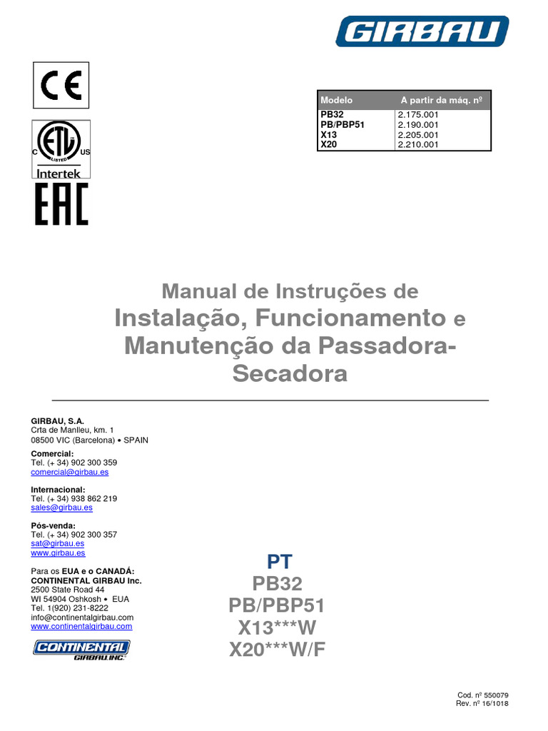 Manual de Instrução de Instalação, Funcionamento e Manutenção Calandra ...