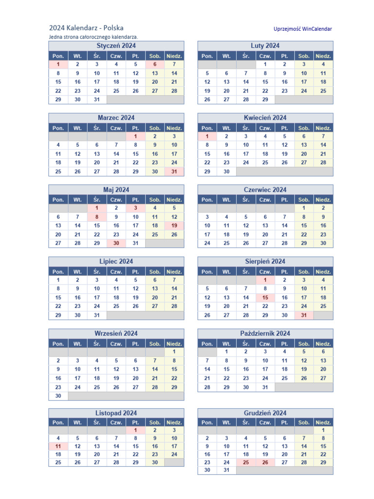 2024 Kalendarz Jedna Strona PDF