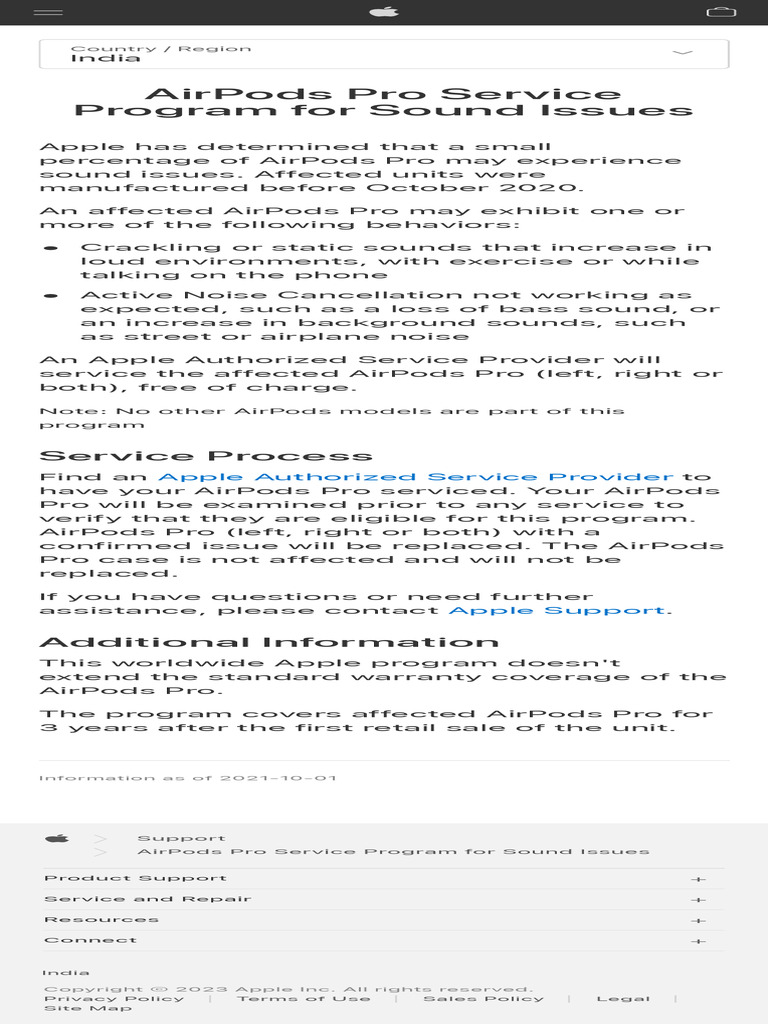 AirPods Pro Service Program For Sound Issues PDF
