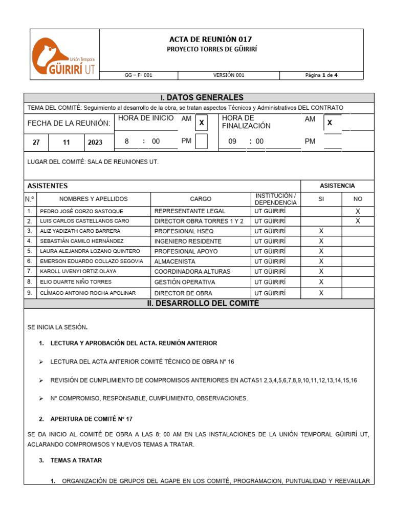 Acta Reunion Obra No 017 | PDF