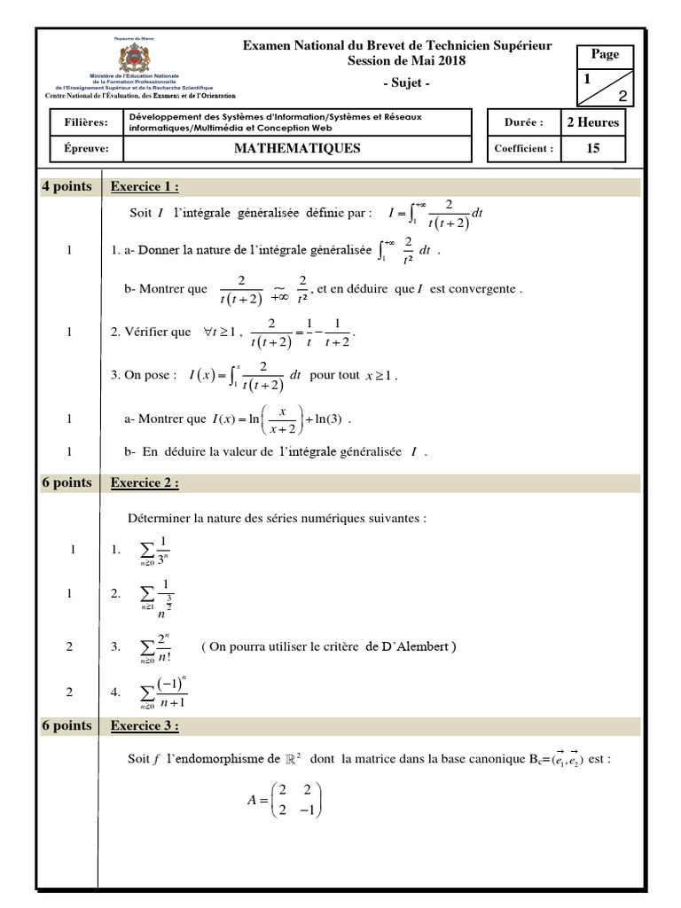 Sujet Maths BTS Mai 2018 - Intégrales et Statistiques | PDF | Matrice ...