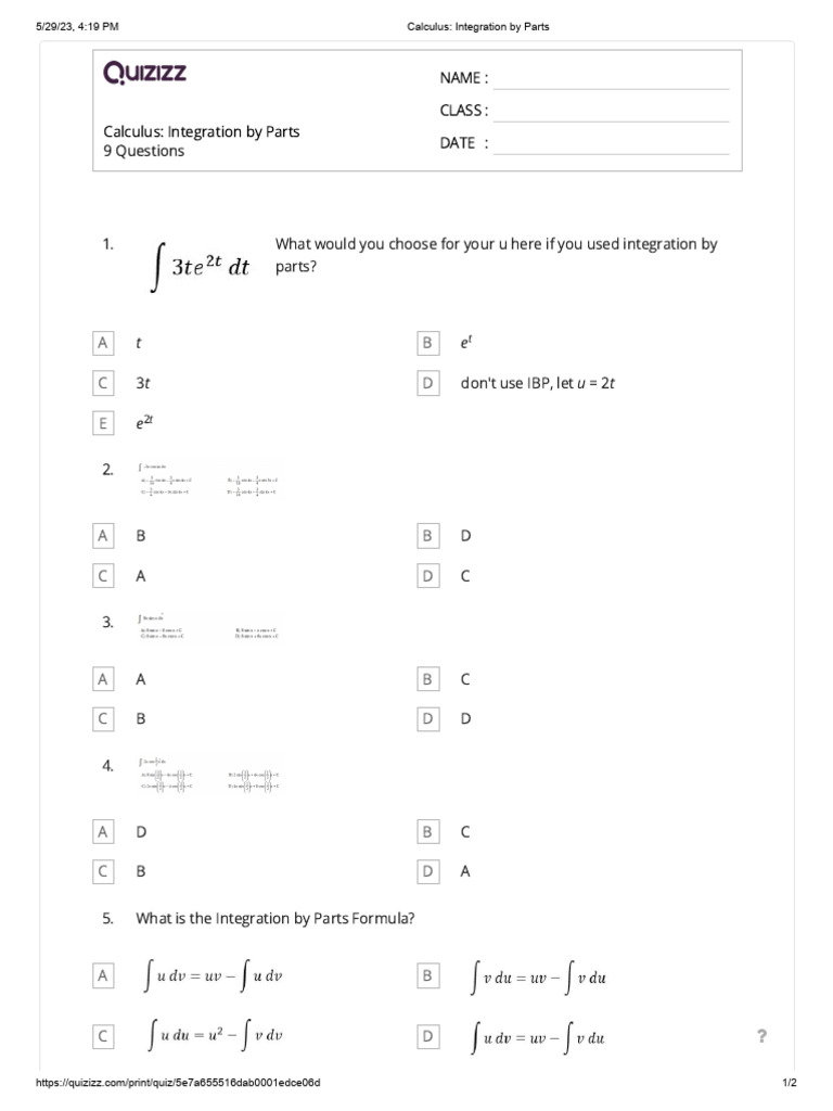 Integration by Parts Quiz Guide | PDF | Integral | Analysis