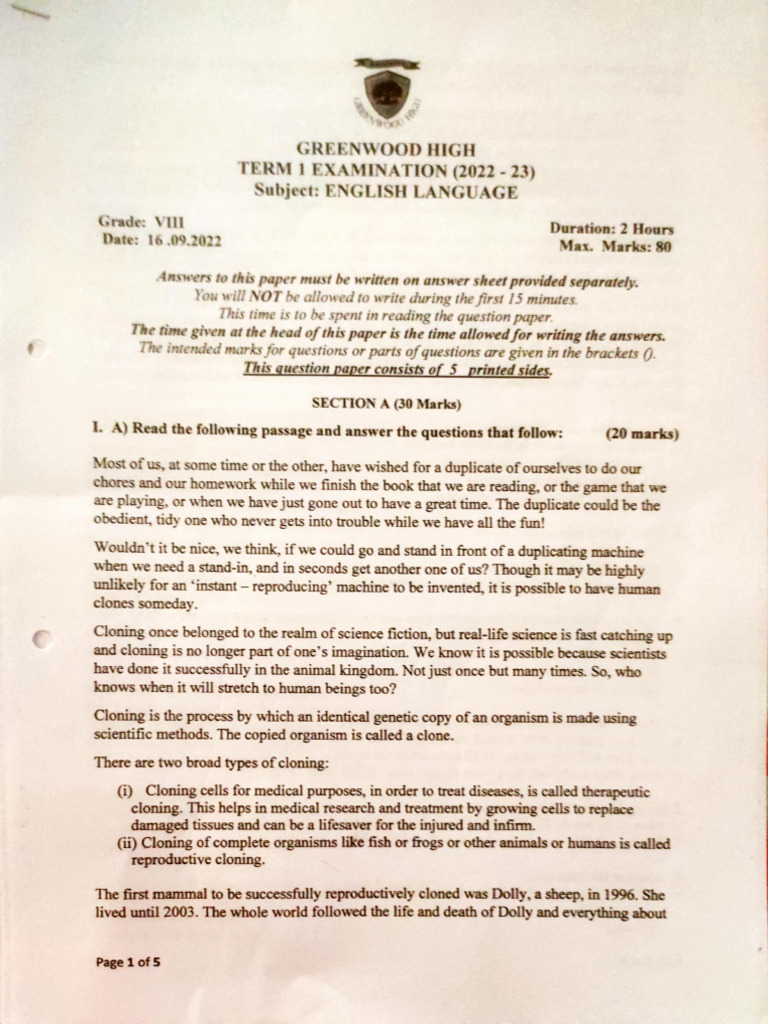 Grade 8 2022-23 Term 1 Examination - English Language | PDF