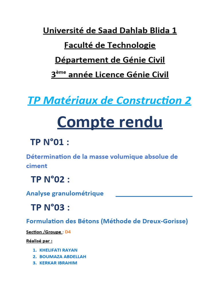 Compte rendu TP Matériaux de Construction | PDF | Densité | Ciment