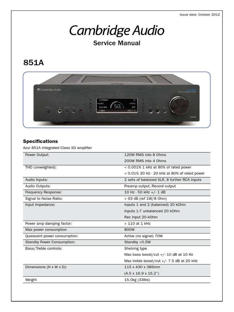 Cambridge Audio Azur 851a Service Manual | PDF | Amplifier | Electronic ...