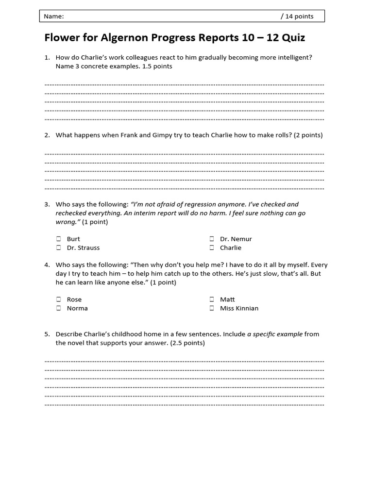 Flower For Algernon Progress Reports 10 12 New PDF