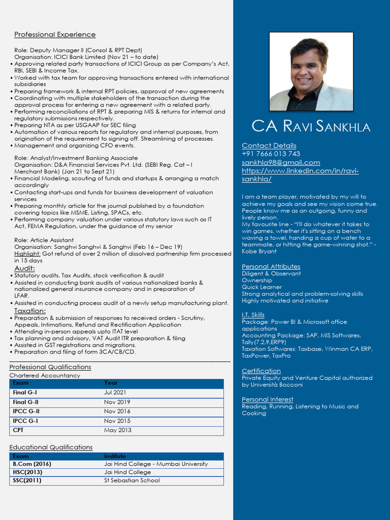 CV - CA Ravi Sankhla | PDF | Private Sector | Business Economics